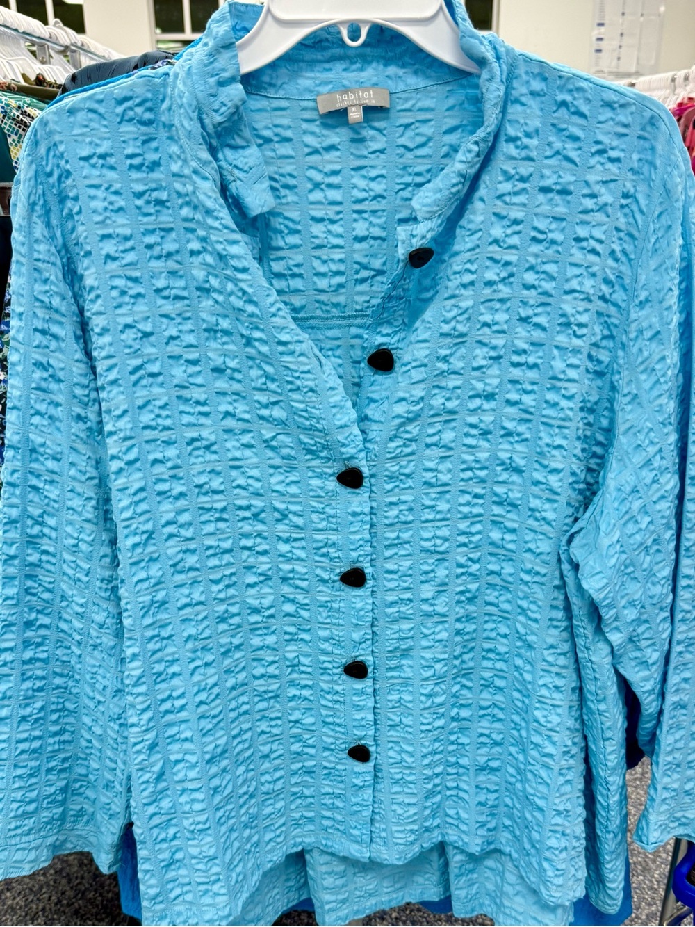 EUC Habitat Clothes To Live In Crinkle Grid Top Light Blue [XL]